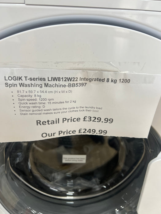 LOGIK T-series LIW812W22 Integrated 8 kg 1200 Spin Washing Machine BB5397