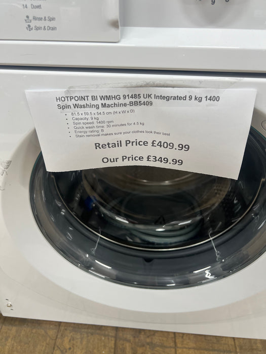 Grade A Hotpoint BIWMHG91485UK Integrated 9kg Washing Machine with 1400 rpm - White - C Rated -BB5409