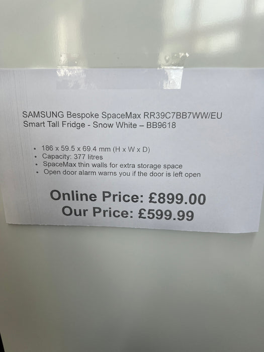 Grade A SAMSUNG Bespoke SpaceMax RR39C7BB7WW/EU Smart Tall Fridge - Snow White BB9618