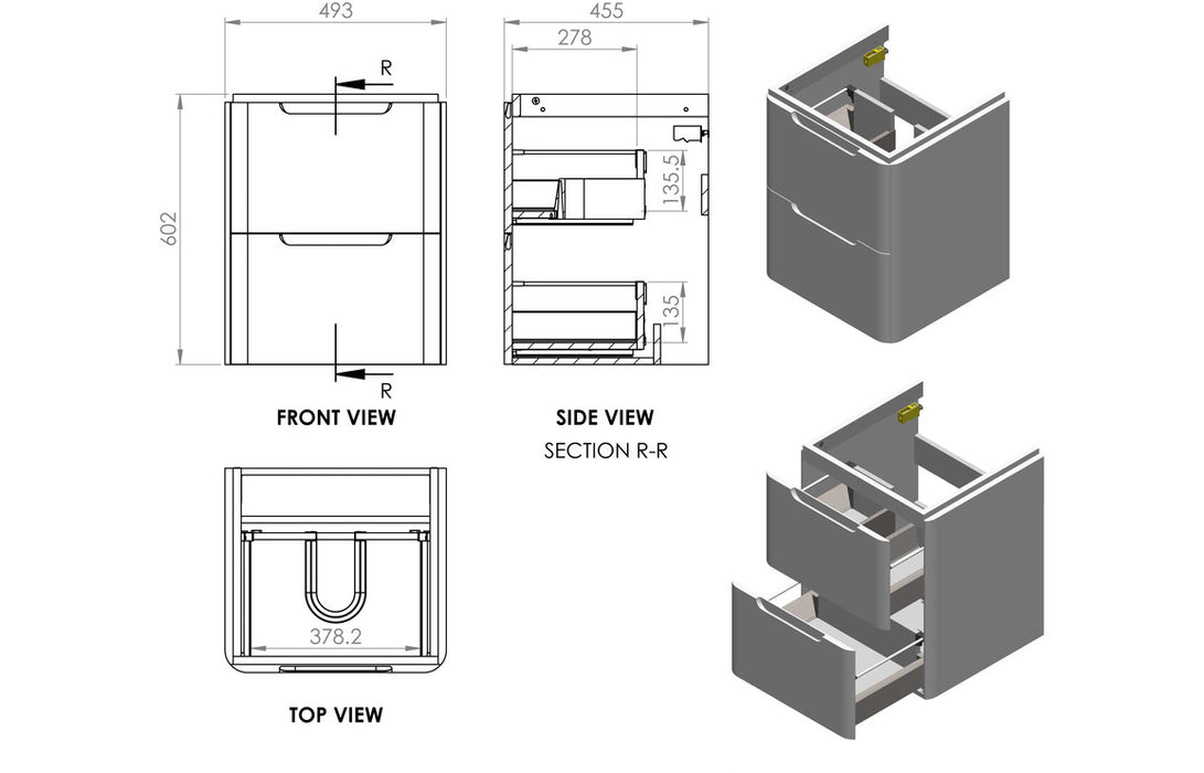 IKSTAR 500mm 2 Drawer Wall Hung Cloakroom Basin Unit - Matt Sage Green