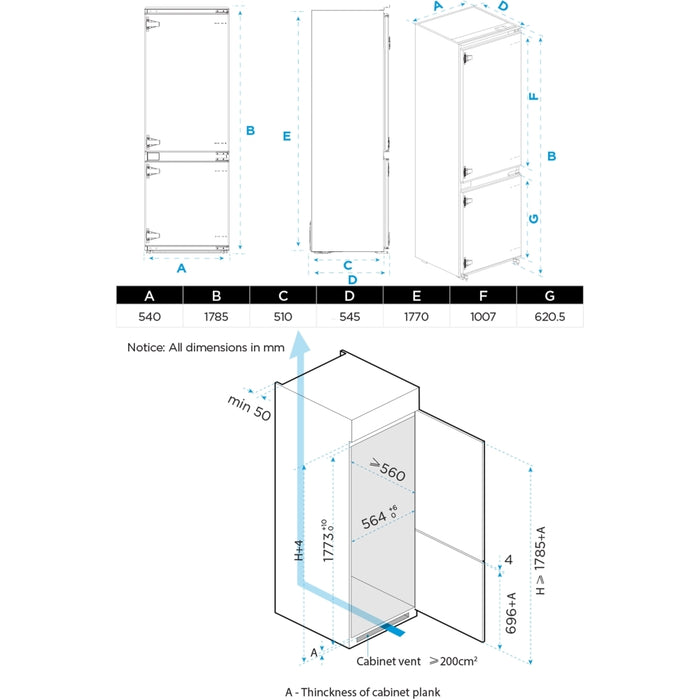 Midea MDRE353FGE01D Total No Frost Integrated Fridge Freezer, Sliding Hinge, 70/30, E Rated