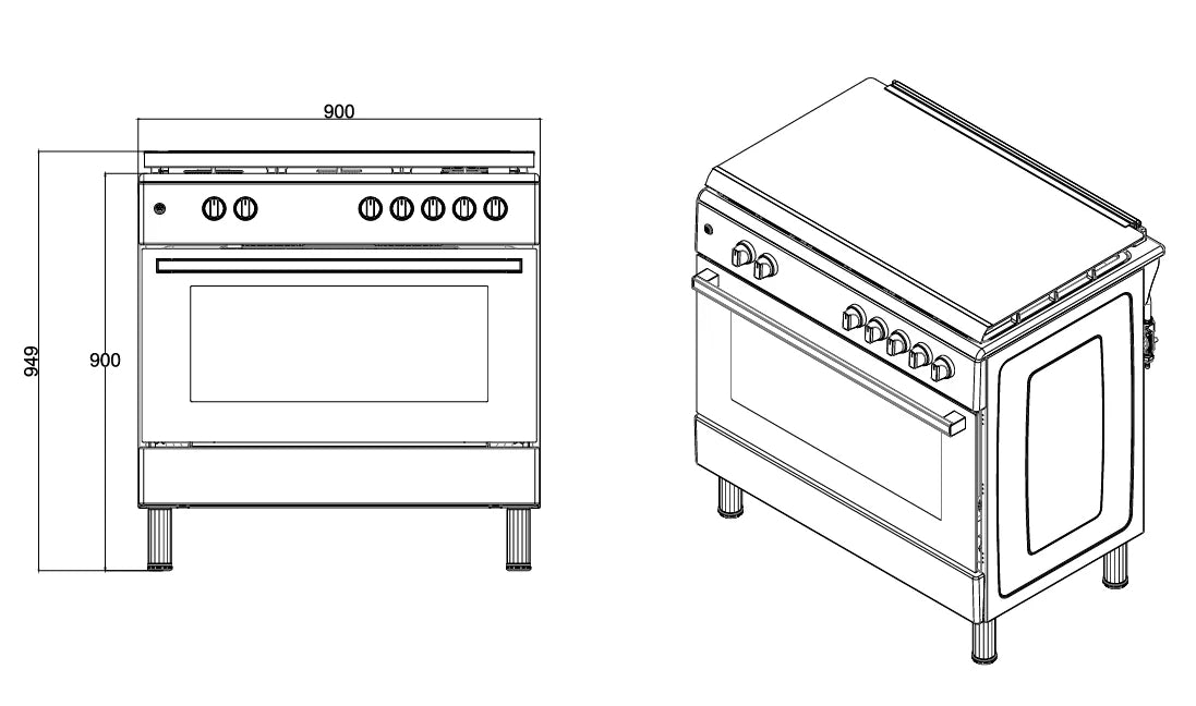 Ferre F9S50GF-X3-IN 90cm Gas Range Cooker With Double Turbo Fan & 5 Burner(1 Wok) - Stainless Steel