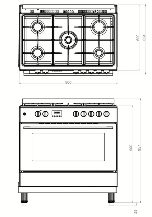 Ferre F9S60GF-IN 90cm Gas Range Cooker With Double Turbo Fan & 6 Burner(1 Wok) Gas Hob - Stainless Steel