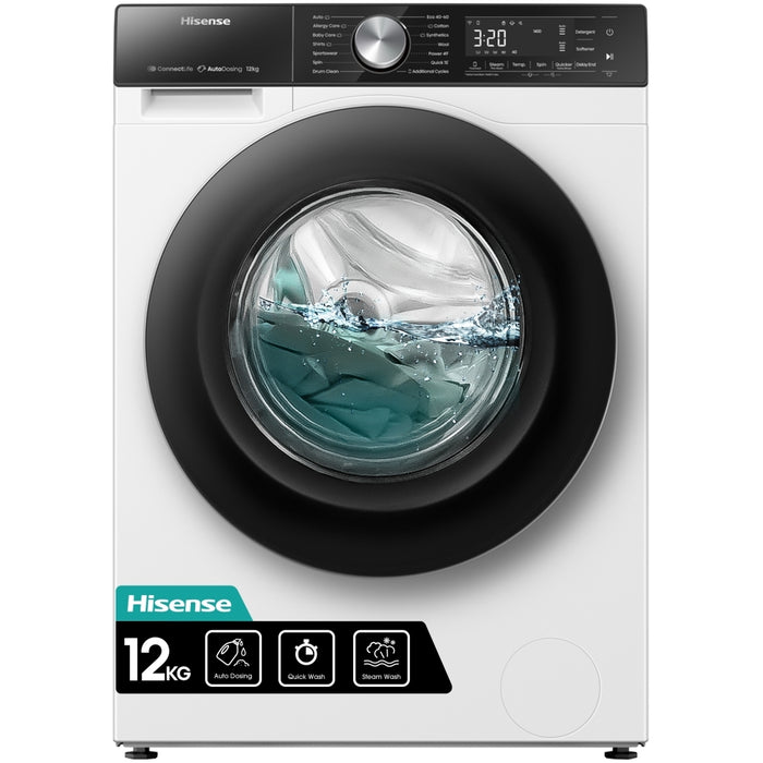 Hisense WF5S1245BB 5S Series Washing Machine, 12kg, 1400 Spin, Black, A Rated