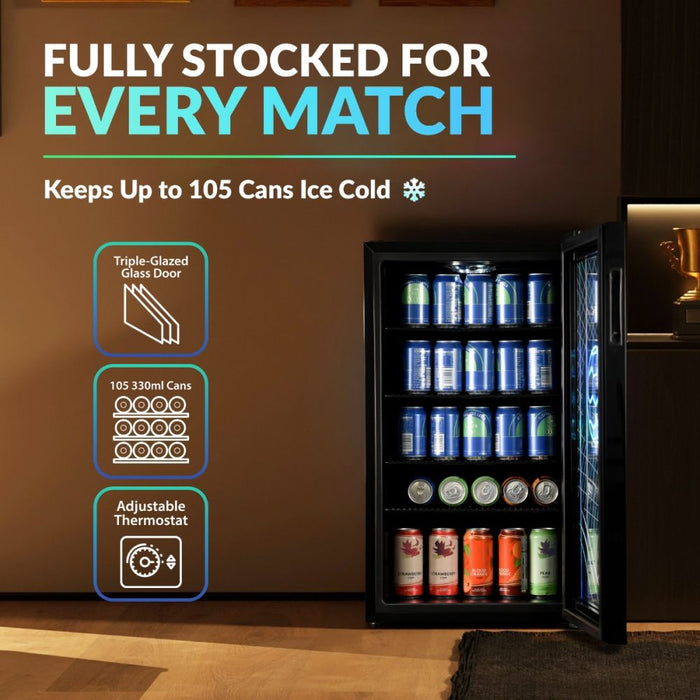 Willow WFBC98B 98L Freestanding Undercounter Beverage Cooler/Drinks Fridge, with Triple Glazed Glass Door, Adjustable Thermostat, Football Edition – Black