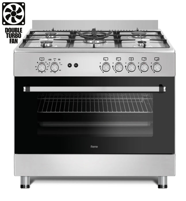 Ferre F9S50E7-X3-IN 90cm Dual Fuel Range Cooker With Double Turbo Fan & 5 Burner(1 Wok) - Stainless Steel