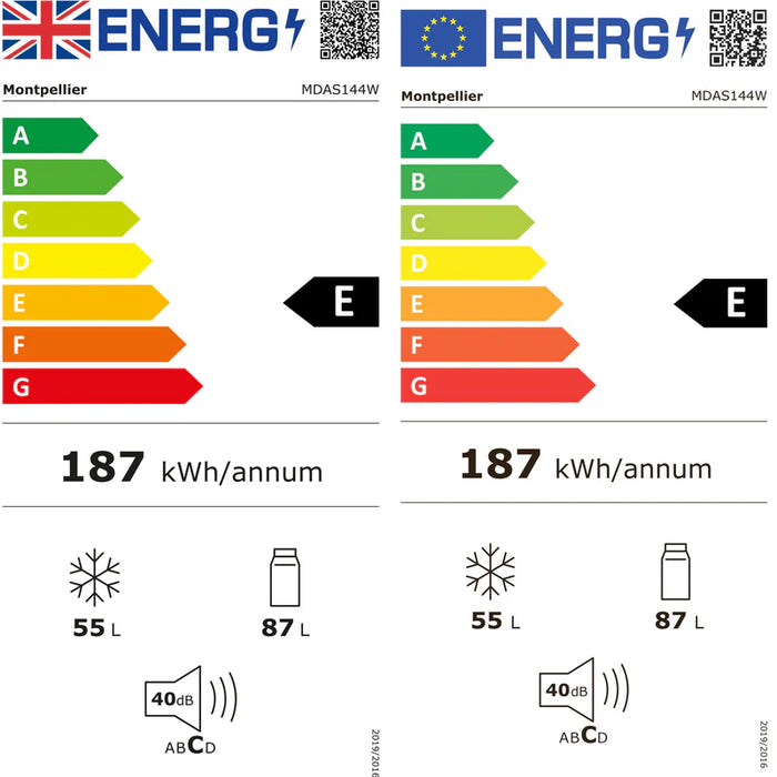 Montpellier MDAS144W - Small White Fridge Freezer - 142L - E Energy