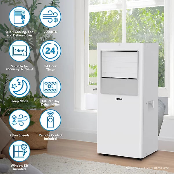 Igenix AC IGAC01007W 7000 BTU 3-in-1 Portable Air Conditioner, White