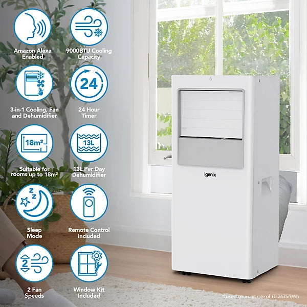 Igenix AC  IGAC01009W 9000 BTU 3-in-1 Portable Air Conditioner, White