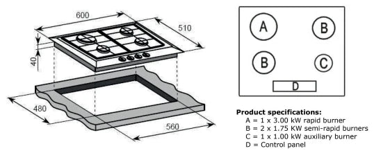 Ikstar Essentials AEGOG60BK 60cm Gas on Glass Hob Black 4 Burner