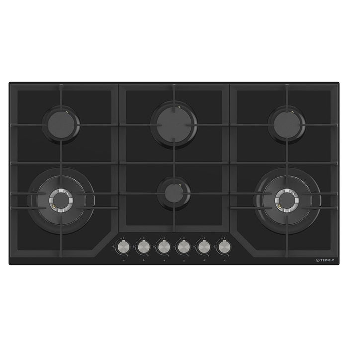 Teknix BITK290GH6B Gas Hob 6 Burner 90Cm Black Glass